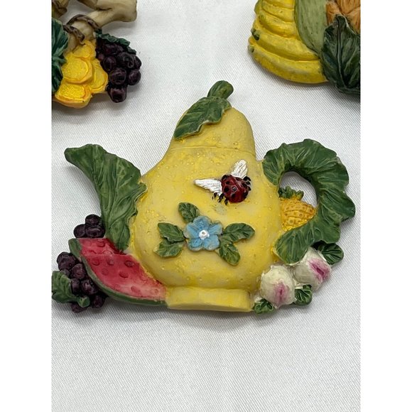 3 Vintage Teapot Refrigerator magnets Garden Flowers Fruit Resin Butterflies - Picture 2 of 7